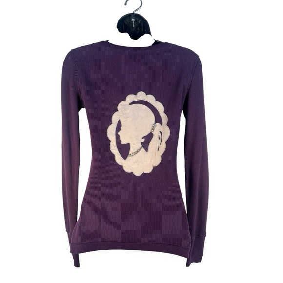 vtg y2k Twisted Heart purple silk patch rhinestone cotton waffle knit top sz S - Picture 5 of 7